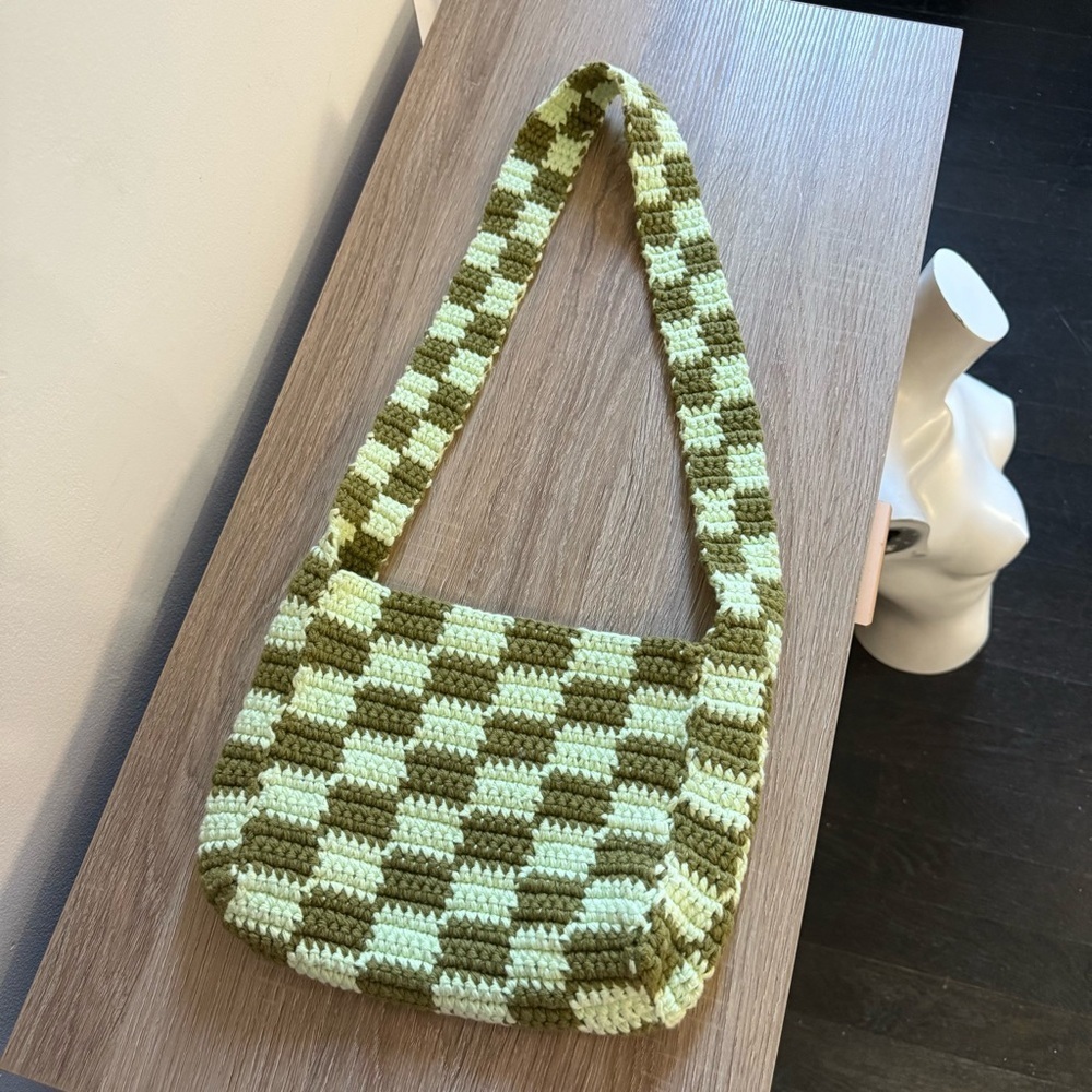 Green Checkered Crochet Shoulder Bag